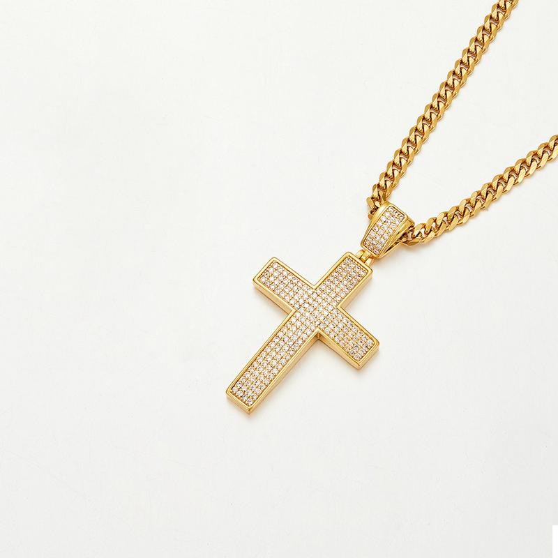 Cross-Shaped Sparkling Copper Pendant with Zirconia Gold Necklace on 61cm Stainless Steel Chain Hip Hop Fashion Jewelry