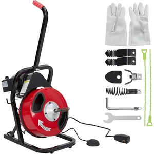 K-300F 1/2 in 50 ft Red & Black Electric Drain Cleaner Machine - Automatic Auger for 1 to 4 in Pipes, Portable Design, 4 Cutters, Foot Switch Control, and Includes Gloves