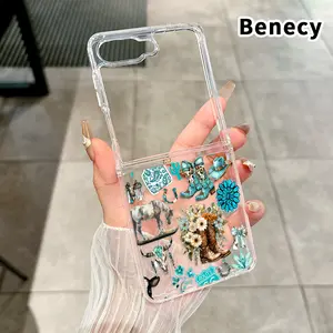 Western Dreamscape Pattern Protective Case for Z Flip 7/6/5/4, Double Protection Transparent Foldable Cover with Camera Lens Guard