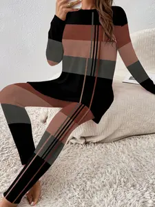 Women's Plaid Print Casual Round Neck Long Sleeve Top & Pants Set, Fall Winter, Comfortable Two-Piece Clothing for Daily Wear