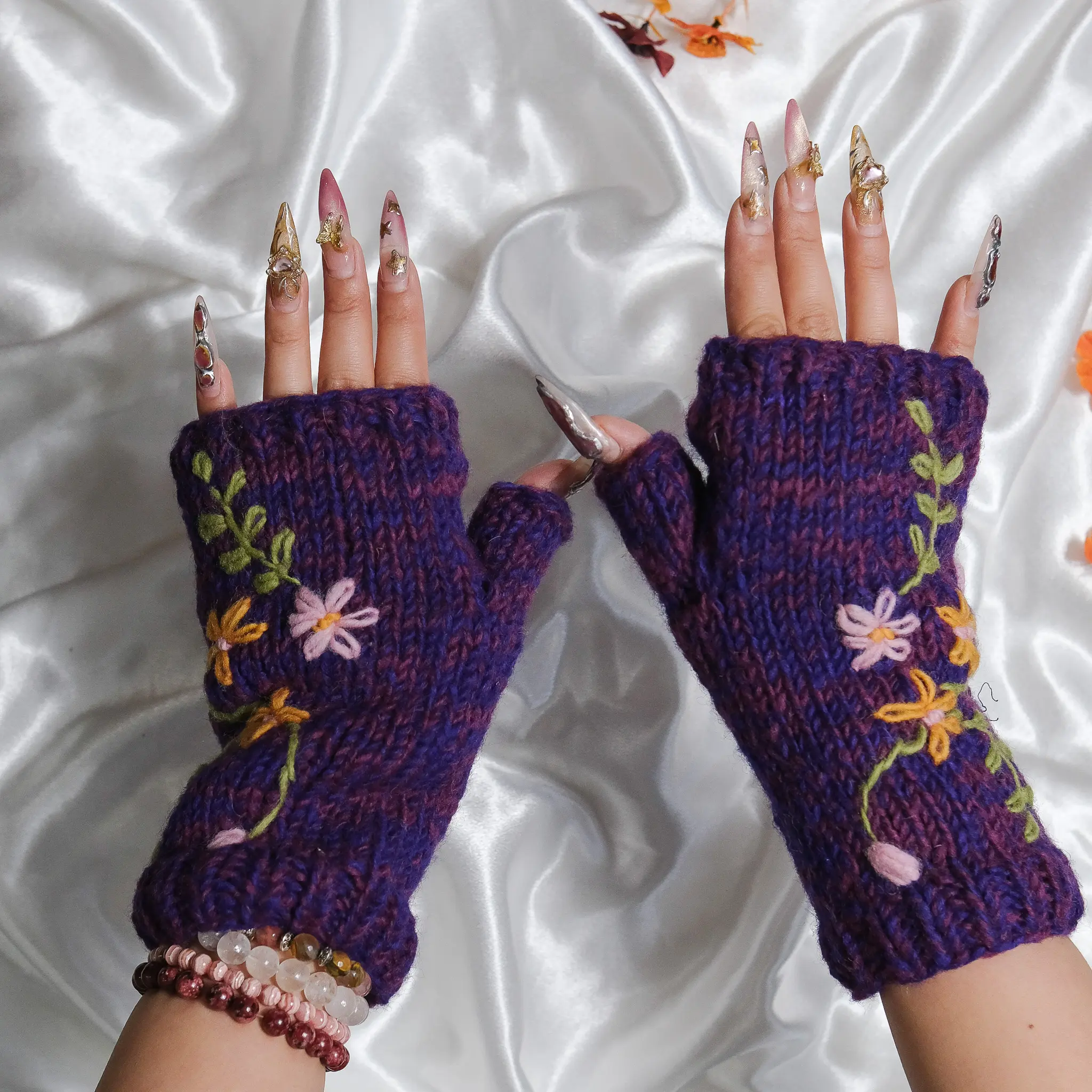 Boho Wool Fingerless Gloves,Handmade Fleece Lined Handwarmers,Floral Embroidered Winter Mittens,Cozy Knit Wrist Warmers,Winter Accessories