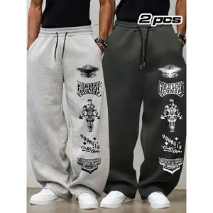 Men's 2-Piece Loose Drawstring Letter Print Sport Pants, Adjustable Waist, Outdoor Fitness Long Pants, Casual Straight LegGift
