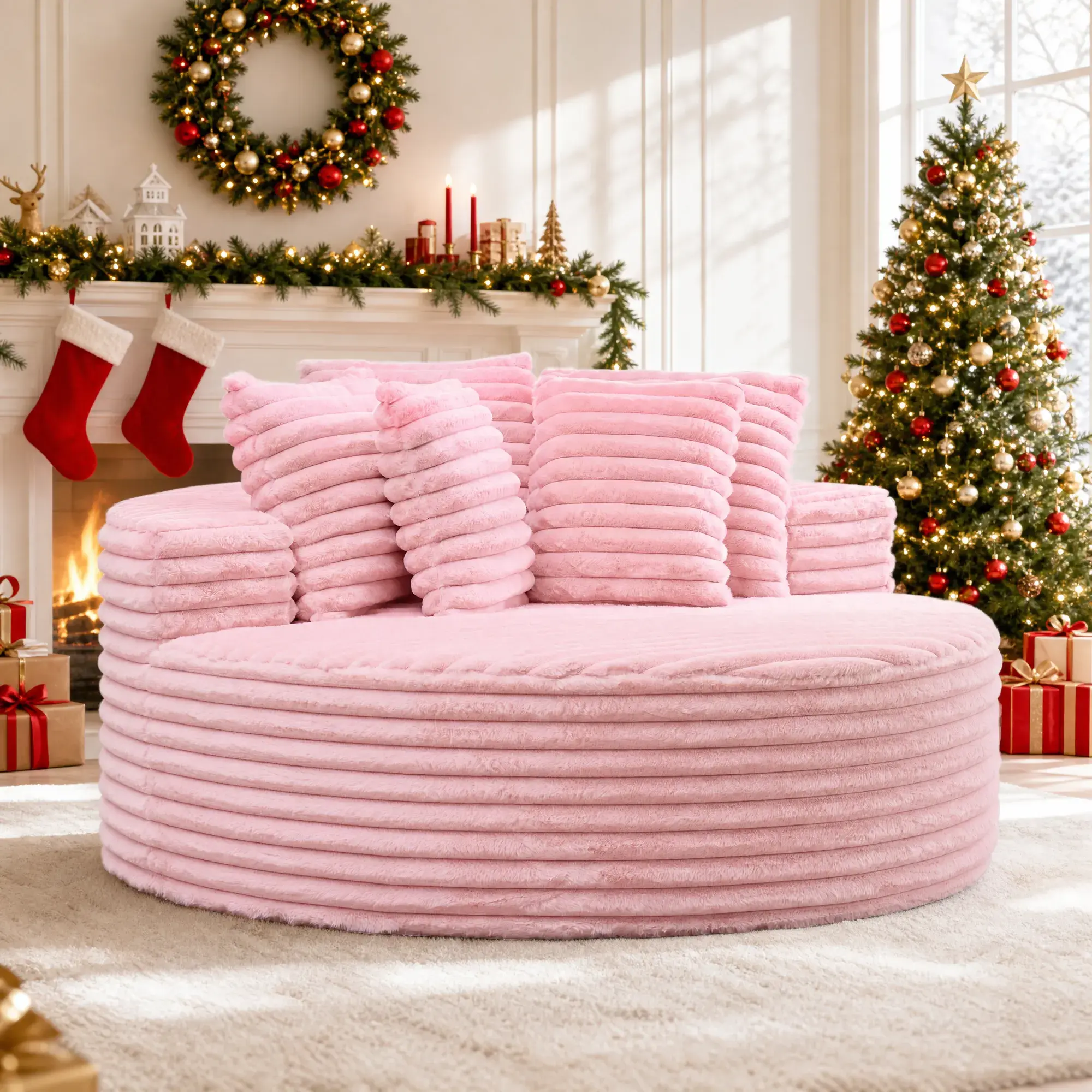 #SohoChic 62.9” Round Chaise Lounge Chair Indoor, Deep Seat Floor Couch with Pillows | Upholstered Corduroy Compression Foam Sofa, No Assembly Required