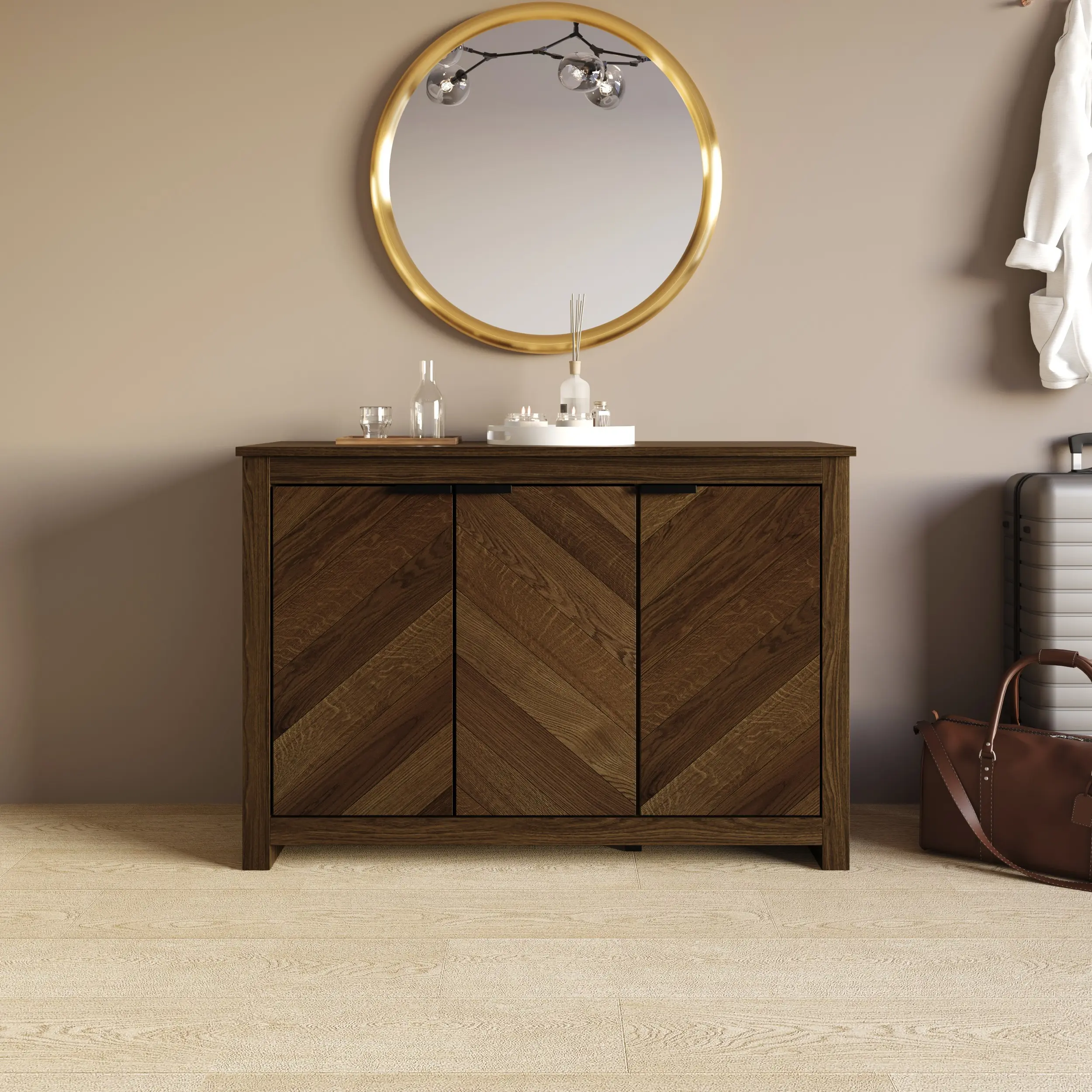 Favorer Abilene Sturdy Rustic Brown 3-Door Engineered Wood Grain Sideboard Cabinet (Above 25 kg) with Black Pull Handles, Spacious Interior Storage, Assembly Required, for Furniture