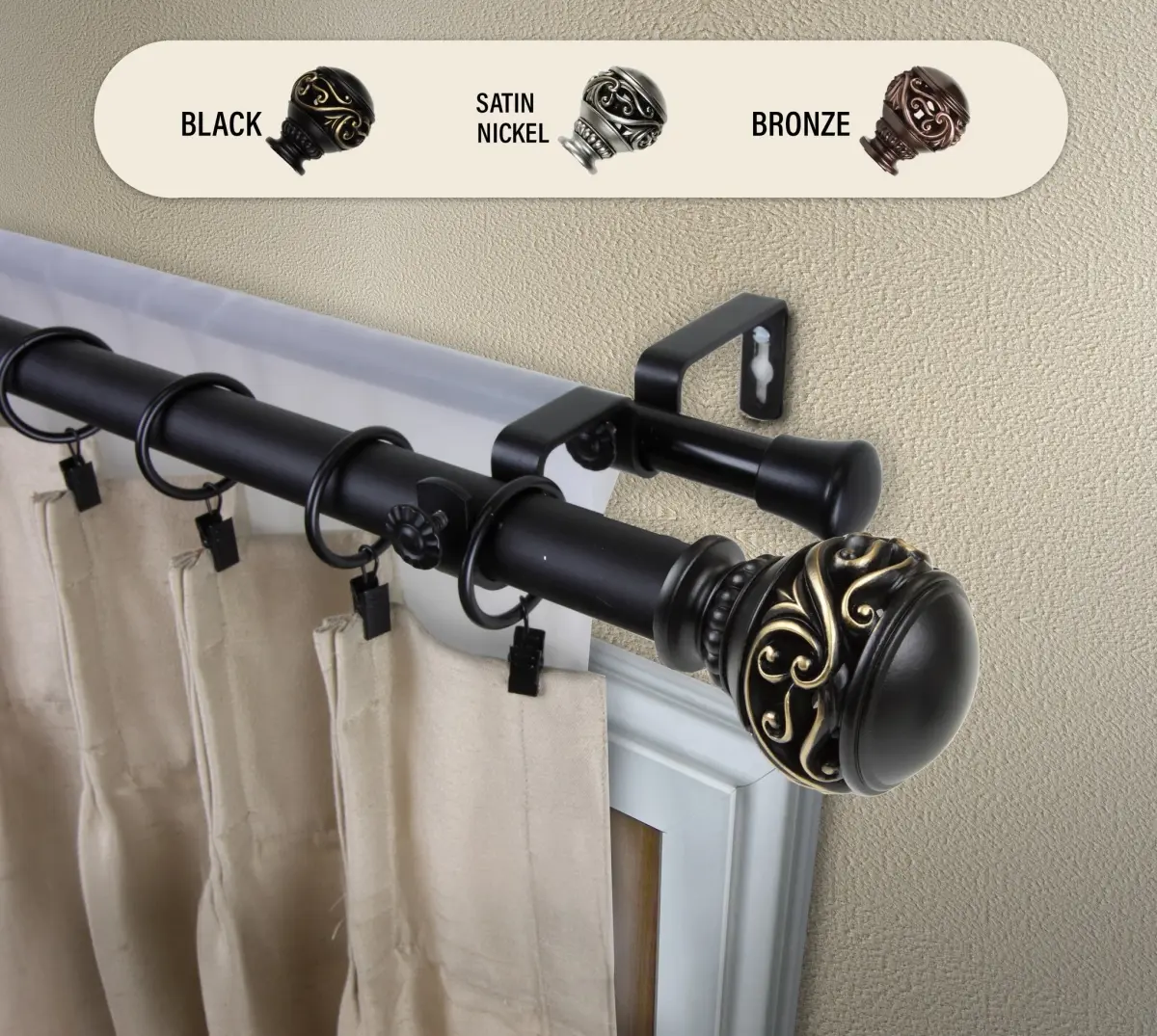 Central Design 100-26-1602-D Durable 1 in. Claudia Double Curtain Rod, Black Window Treatment, 160-240 in. Adjustable Home Curtain Accessory, Adjustable Length