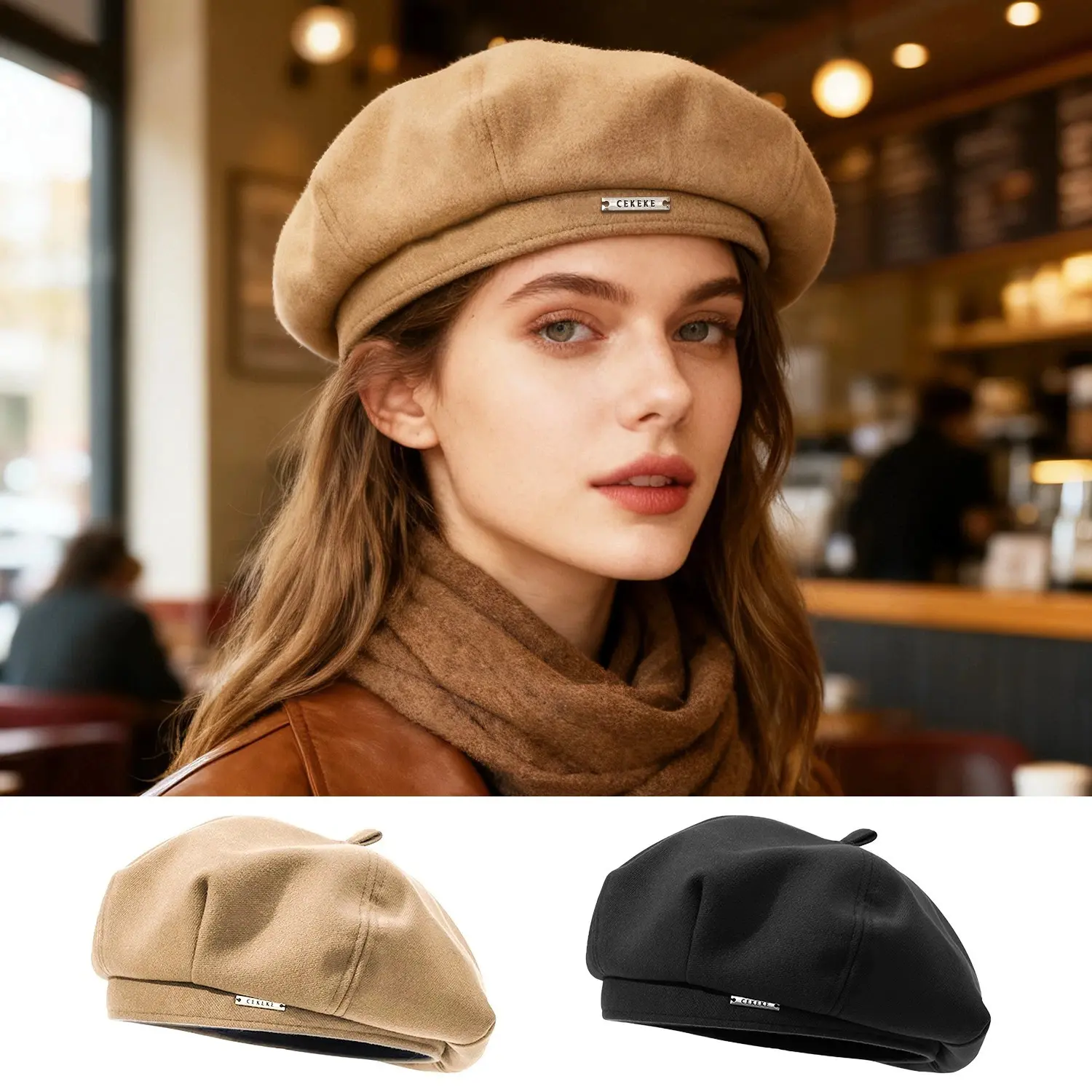 (2) Red and Tan Wool Beret Duo Bon Chic Wool Beret- Bordeaux Red | Lost Pattern NYC | Wolf  main image 3