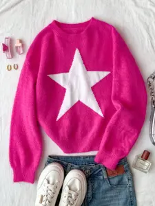 Women's Star Pattern Knit Pullover Long Sleeve, Soft Puffy Round Neck Sweater, Casual Fitted Fall/winter Clothing, Comfortable and Stylish