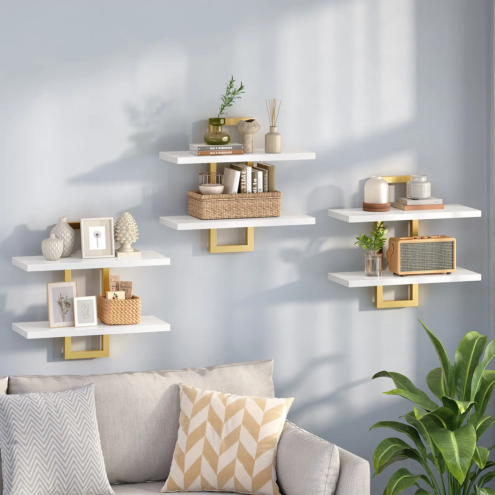 HOOBRO Floating Shelves, 15 Inch Wall Shelf Set of 3, Wall Mounted Storage Shelves 2-Tier, Hanging Bathroom Shelves, for Living Room, Bedroom, Bathroom, Kitchen, White and Gold #SummerVibes