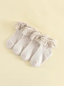 4 Pairs Girls' Socks with Lace Trim, Hollow Out Breathable Casual College Style, Princess Baby Socks for Vacation, Comfortable and Stylish