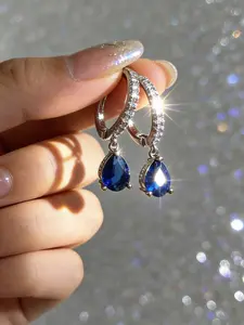 1 pair of fashionable and elegant blue tear rhinestone pendant earrings, elegant ladies' cocktail party style earrings