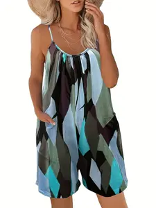 European and American Summer Strapless Pocket Geometric Print Plus Size Women's Fashion Romper, Chic, Stylish and Comfortable One-Piece