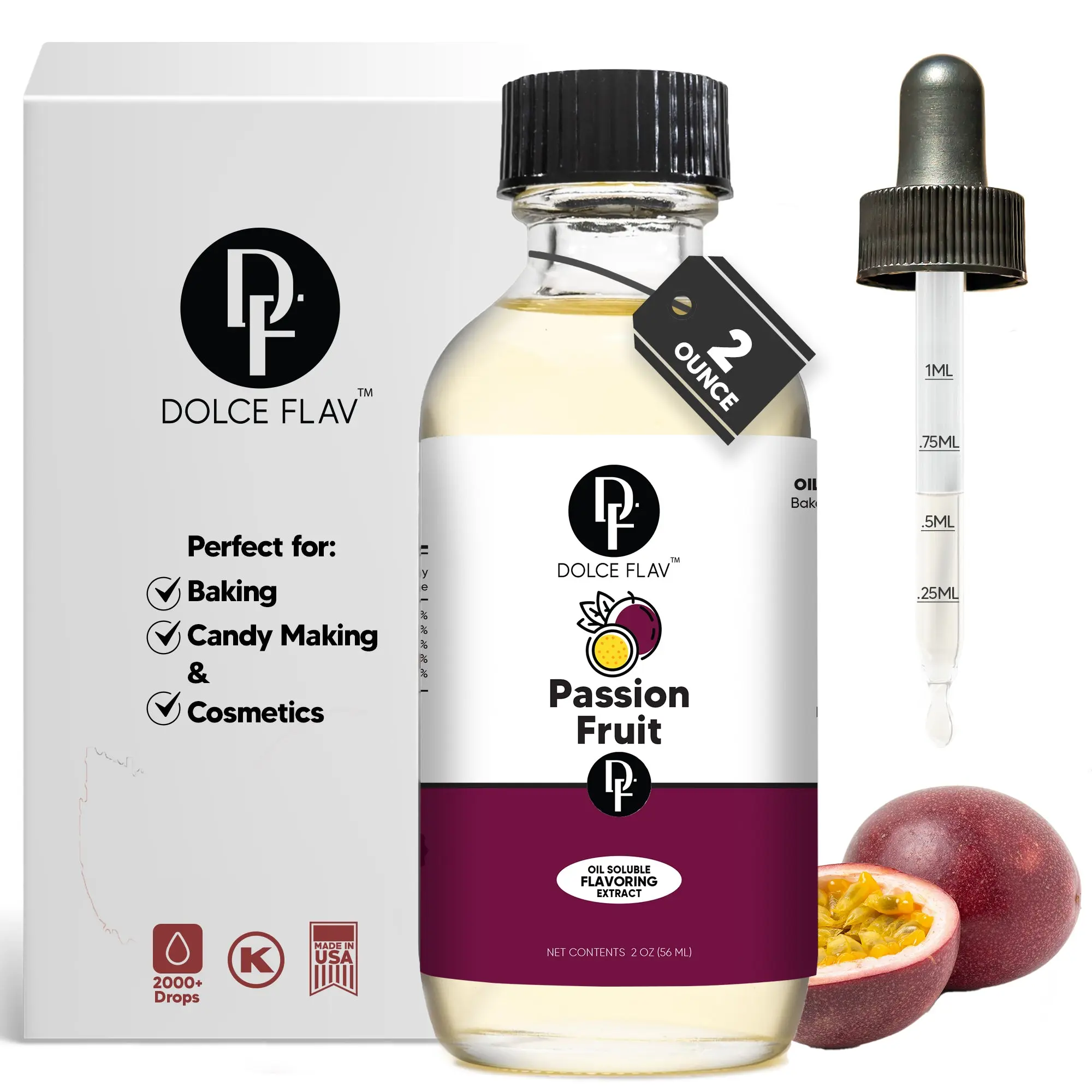 Dolce Flav Oil-Soluble Passion Fruit Flavoring 2 oz - Natural Sweet Tropical Flavor for Baking Candy & Cosmetics with Precise Dropper
