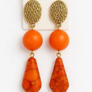 Orange Statement Earring with Textured Gold Disc and Textured Orange Beads for Bold Fashion