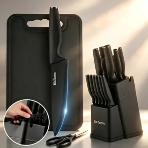 15/14/3 pieces of carbon steel kitchen knife set | with built-in sharpener for dishwasher cleaning, ergonomic anti slip handle with 6 steak knives included, black style - perfect holiday gift | Tool set exclusive, stain resistant and easy to clean