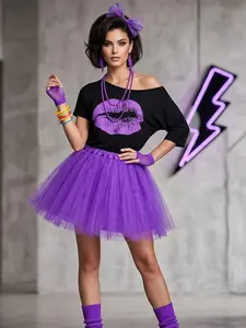 1980s Disco Retro Costume Set Drop Shoulder T-Shirt Tutu Skirt All Jewelry Included