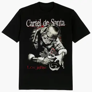 Men's Cotton Streetwear T-Shirt with a Cartel de Santa Los Jefes Graphic Print, Tattoo-Inspired Chicano Hip Hop Design for Mexican Heritage Fans, Garments