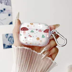 Mushroom Skull Fantasy Pattern Protective Case for AirPods 4/3/2/1/Pro/Pro2 Soft TPU Earphone Cover, Transparent with Keychain