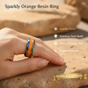 Rainbow Stainless Steel Ring with Sparkly Orange Resin Inlay in Multiple Sizes
