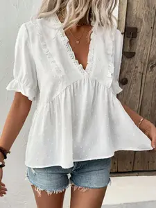 Summer Plain Women's Shirt Top Blouse, Deep V Neck Lace Trim, Embroidered Hook Design, Fashionable and Comfortable, Casual Office Wear