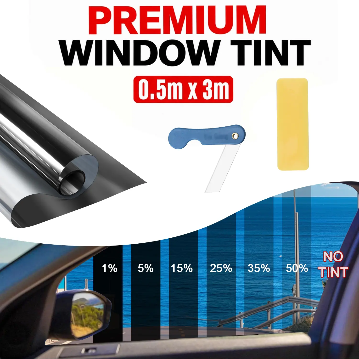 Car Window Tint Film Roll 1% 5% 15% 25% 35% 50%VLT 0.5x3M, UV Blocking & Heat Control Auto Sun Shade Film, Privacy Protection Glass Tinting for Cars SUVs Trucks， Privacy Tint Film