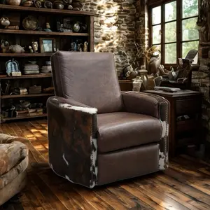 Rawhide Ridge Swivel Recliner - Brown Leather with Unique Cowhide Trim Design