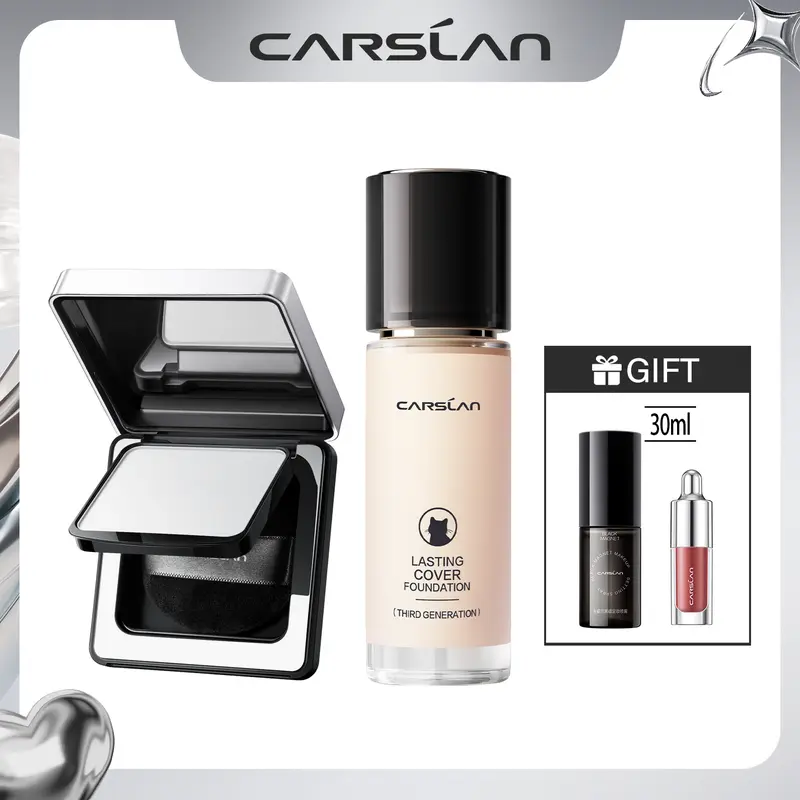 [2.0]CARSLAN Black Magnet Soft Focus Powder+24H Longlasting Cover Liquid Foundation Makeup, Summer Longwear Matte Face Makeup Set