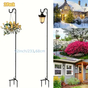 2 Pack Shepherds Hooks 92 Inch Tall Adjustable 44", 60'', 76'', Or 92". Bird Feeder Pole Stand with 3 Base Prongs for Outdoor, Garden Plant Hangers Hanging Stake for Hanging Plant Baskets, Solar Lights, Wedding Decor, Lanterns, Wedding Decor, Black