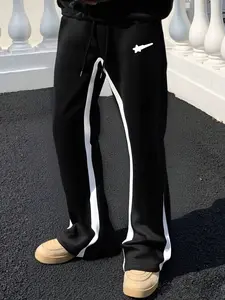 Men's Colorblock Bell Bottom Pants, Elastic Drawstring Waist, Fitted Street Style, Long Regular Fit, Casual Vintage Fashion
