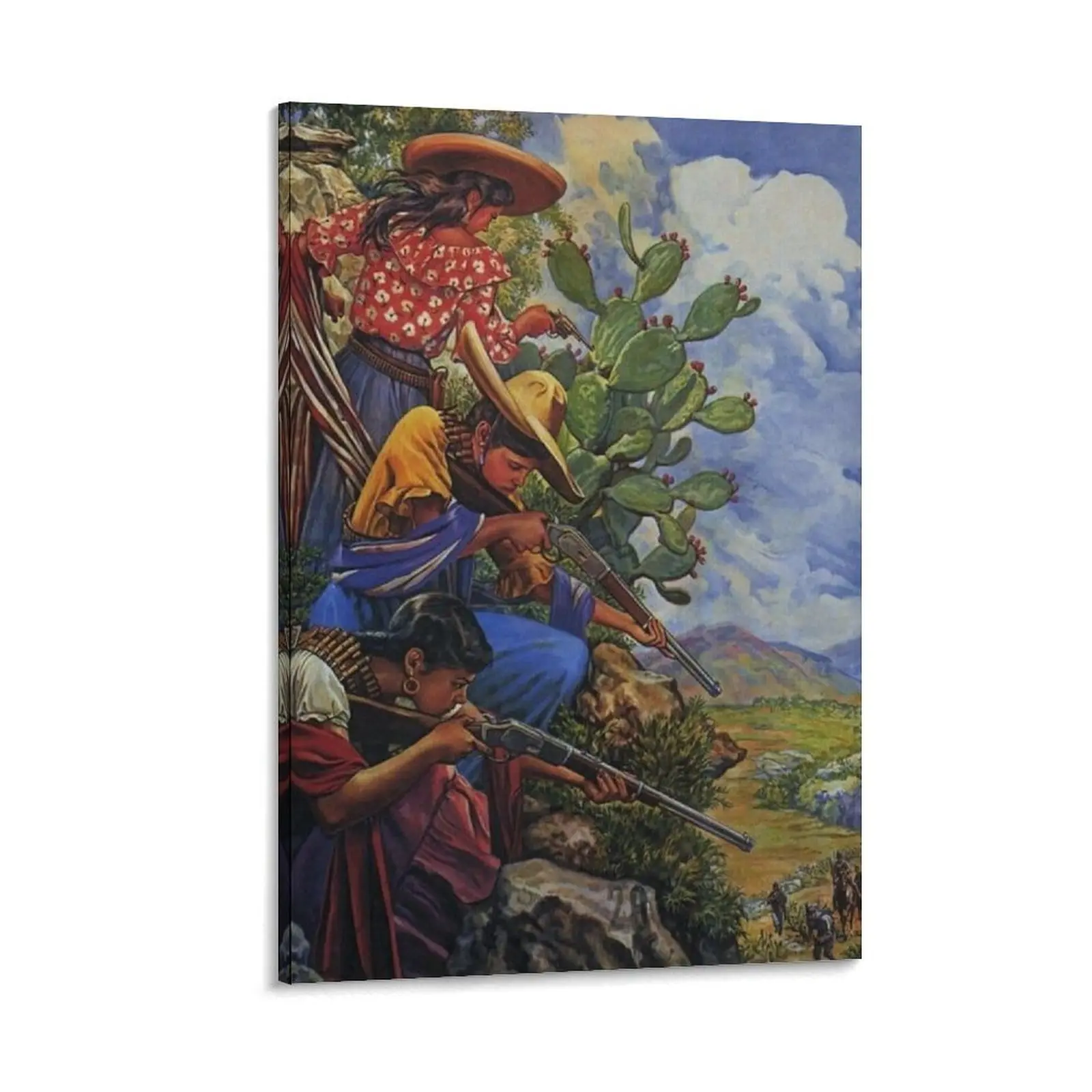 Three Women Holding Guns During Mexican Revolution Classic Vintage Drawing Art Poster Canvas Poster Bedroom Decor Sports Landscape Office Room Decor Gift