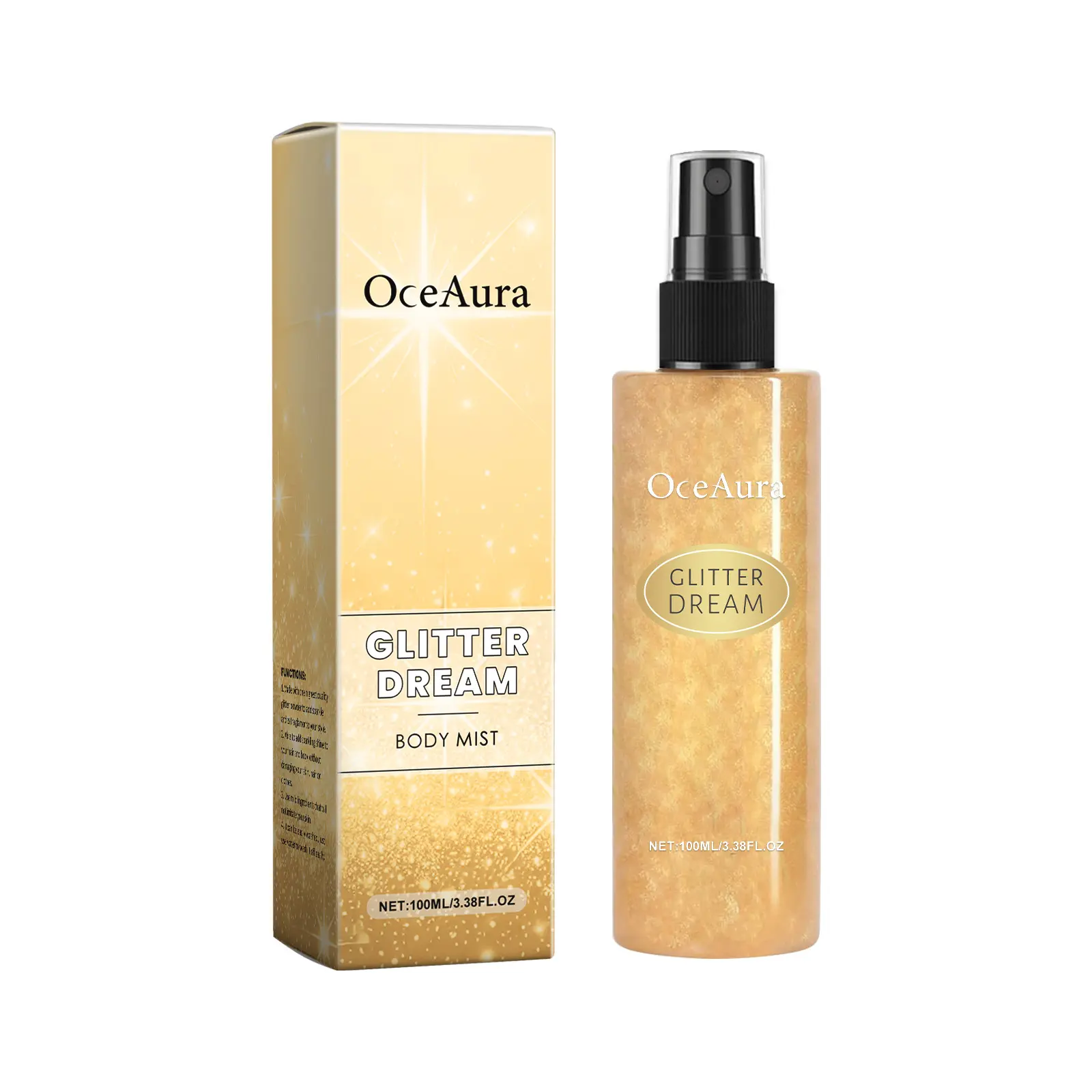 OceAura "Body Shimmer Spray – Natural, Long-Lasting Glow for Hair, Body, and Collarbone Highlighting with a Radiant Finish."