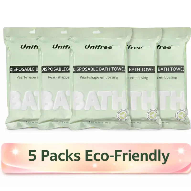 Unifree Travel Bath Towel Disposable absorbent Towels, 27.5" x 55", Thick, Individually Packed, Superabsorbent, Ideal for Camping, Travel, Gym, Barber, 5-20 Ct, Soft Multi-Purpose Dry Wipe, Hygiene Washcloth sheet business trip Single Use Towelette