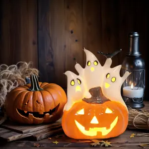 Ceramic Ghost Halloween Decorations Indoor, White Light Up Ghost Figurine, Halloween Décor Ceramic Ghosts Tabletop Decoration for Family Kids Friendly Trick or Treat Party Supplies