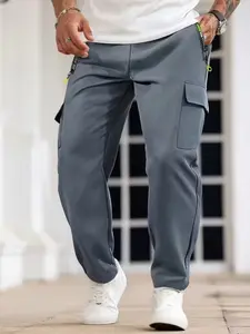 Men's Lightweight Athletic Work Pants with Zipper Pockets, Drawstring Waist, Loose-Fitting, Geometric Pattern, Ideal for Hiking, Fitness, Spring & Fall