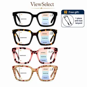 ViewSelect HD Photochromic Progressive Multifocal Reading Glasses for Women, Light Adaptive Blue Light Blocking Readers, Near Mid Far Vision Square Frames with Anti-Lost Lanyard