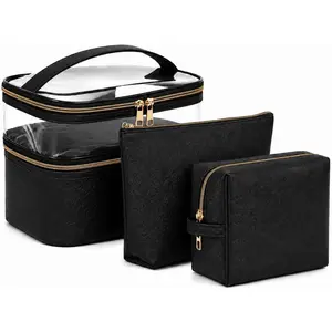 3PCS PU Leather Makeup Bag, Large Travel Cosmetic Pouch, Cute Toiletry Organizer for Women, Black imerelez