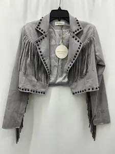 GREY SEUDE FRINGE STUDDED JACKET