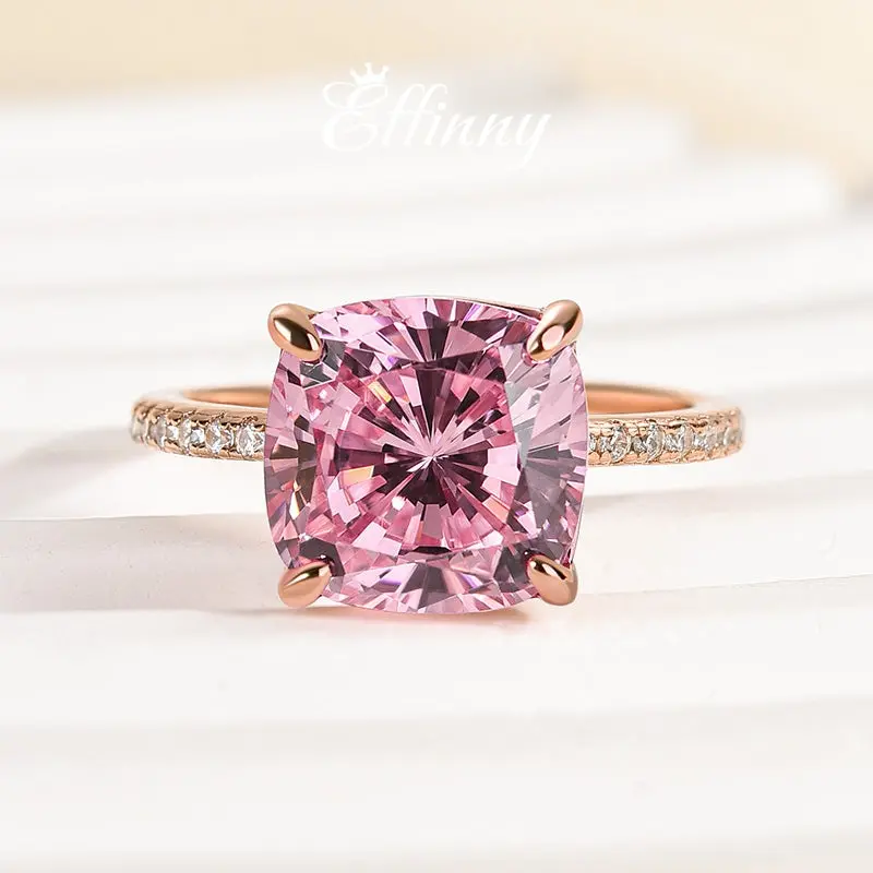 Effinny 3.5ct Cushion Cut Pink 5A Grade Cubic Zirconia Bridal Engagement Ring, Rose Gold Women's Promise & Anniversary Ring