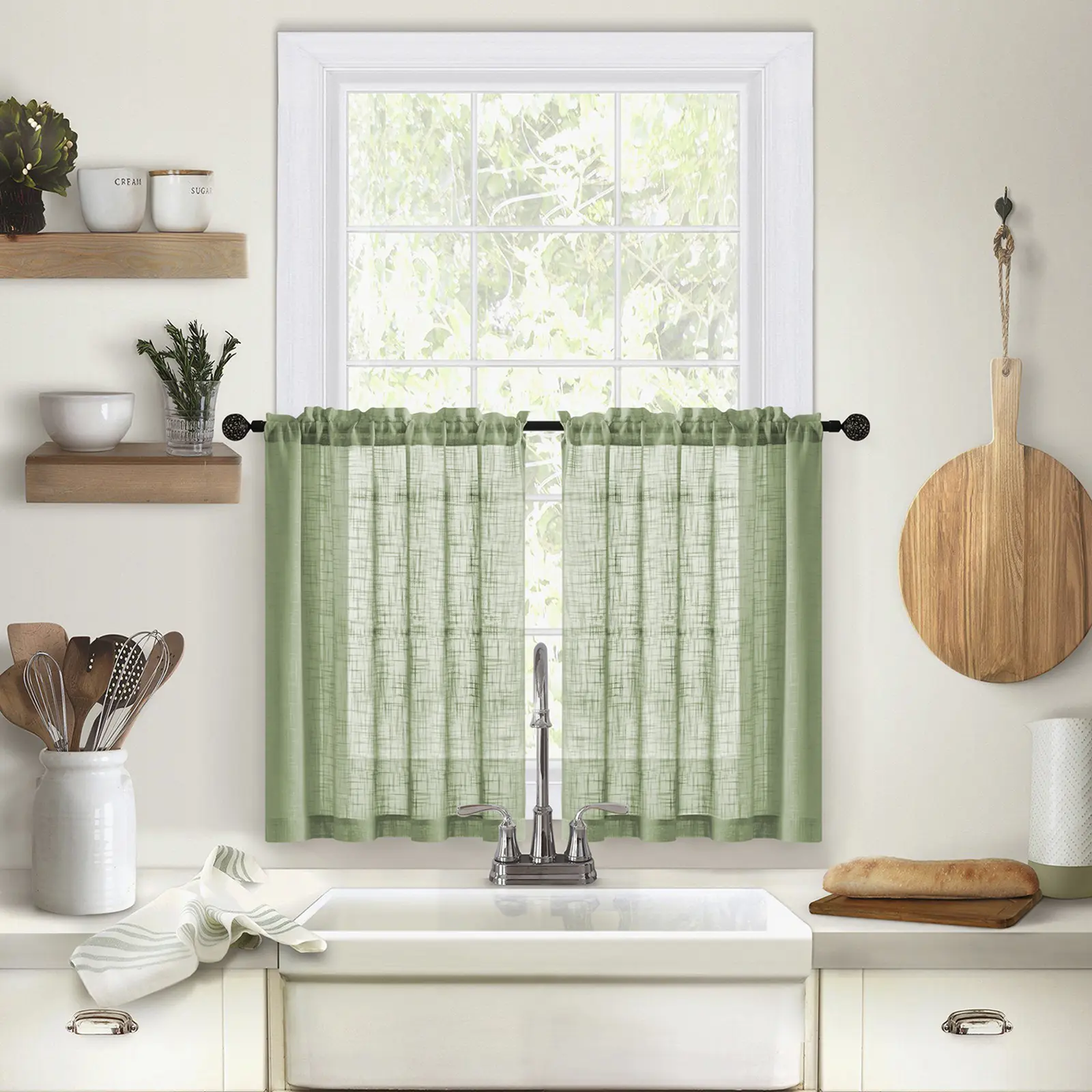 BTTO 2-Panel Polyester Heavy Texture Solid Slub Weave Low Iron Faux Linen Crosshatch Short Cafe Drapes, Light Filtering, Machine Washable, 25/30/36 In, for Kitchen/Bath Small Windows
