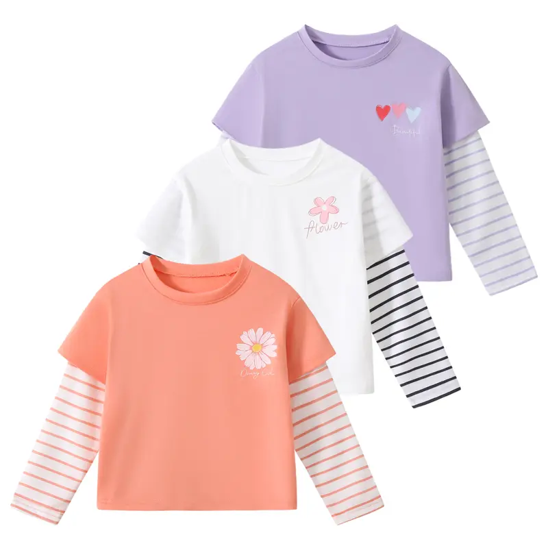 3-piece little girl spring and autumn print T-shirt 4-12 years old children's round neck casual knit shirt Joker fashion daily shirt