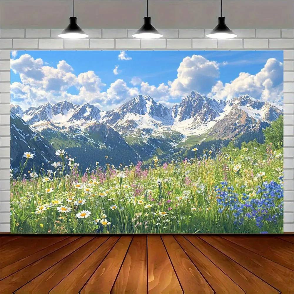 1pc 2D Flat Mountain Landscape Backdrop with Snowcapped Peaks, Vibrant Wildflowers & Clear Blue Skies - Durable Polyester Fabric, No Electricity Needed for Photography, Weddings, Parties, Events, Banners, One-Piece
