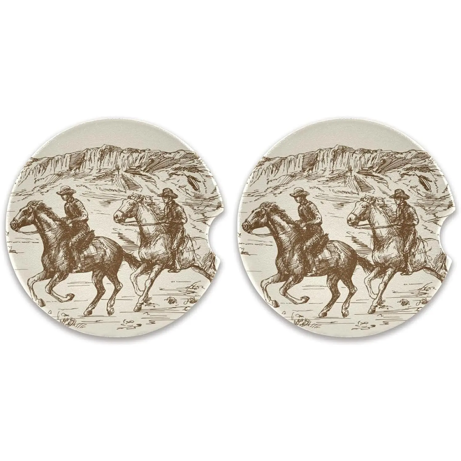 Absorbent  Coasters 2 Pack, Ceramic Coaster with Cork  and Finger Slot, Western Desert Cowboy  Cup Coasters 2.56"