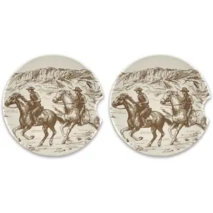 Absorbent  Coasters 2 Pack, Ceramic Coaster with Cork  and Finger Slot, Western Desert Cowboy  Cup Coasters 2.56"