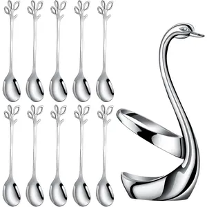 Small Coffee Spoon Holder Set,1 Pcs Swan Base With 10 Pcs Demitasse Espresso Spoons Set,4.7" Mini Leaf Dessert Spoon,Stainless Steel Tea Spoons (Silver/Gold)