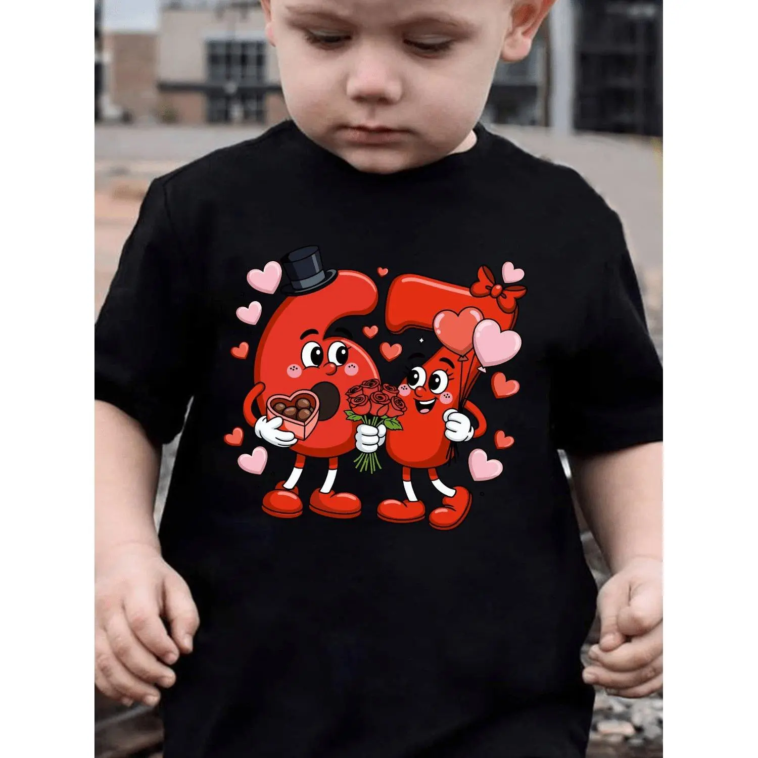 Children'S T-shirt ValentineS Day Style Summer Fashion Short Sleeve 67 in Pink Heart Bubble Atmosphere Cartoon Pattern Print Casual Top Children Apparel Trendy Design