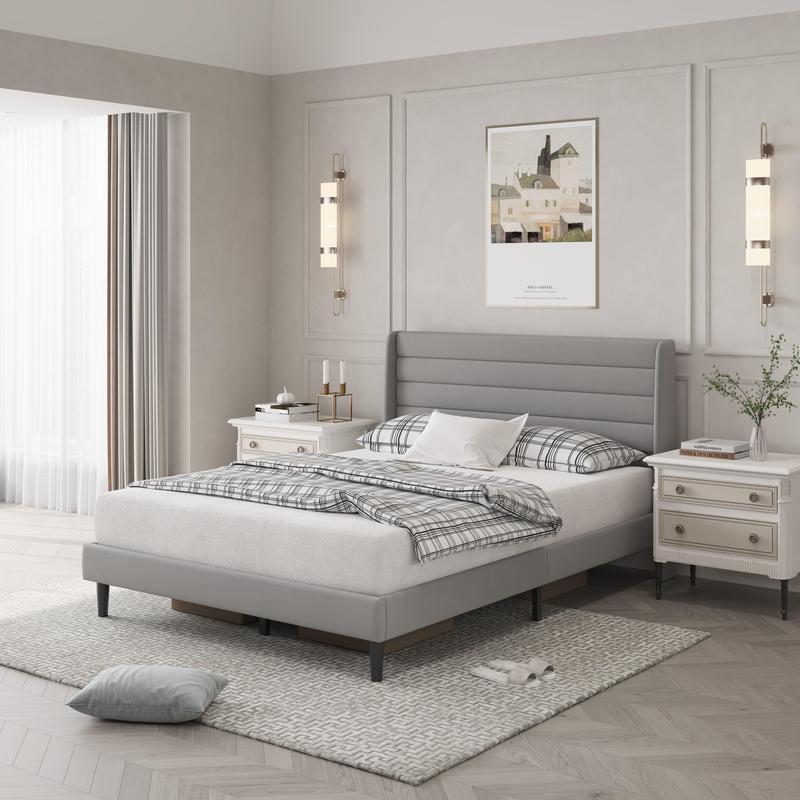 Queen Bed Frame with Modern Wingback Headboard Velvet Platform Solid Wood Slats No Box Spring Required Easy Assembly Light Beige