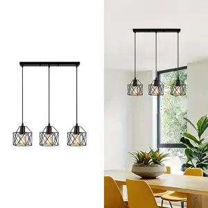 Vintage Industrial Style Three-Arm Iron Geometric Cutout Pendant Light, Modern Frame, Suitable for Dining Room, Home Decor, Office