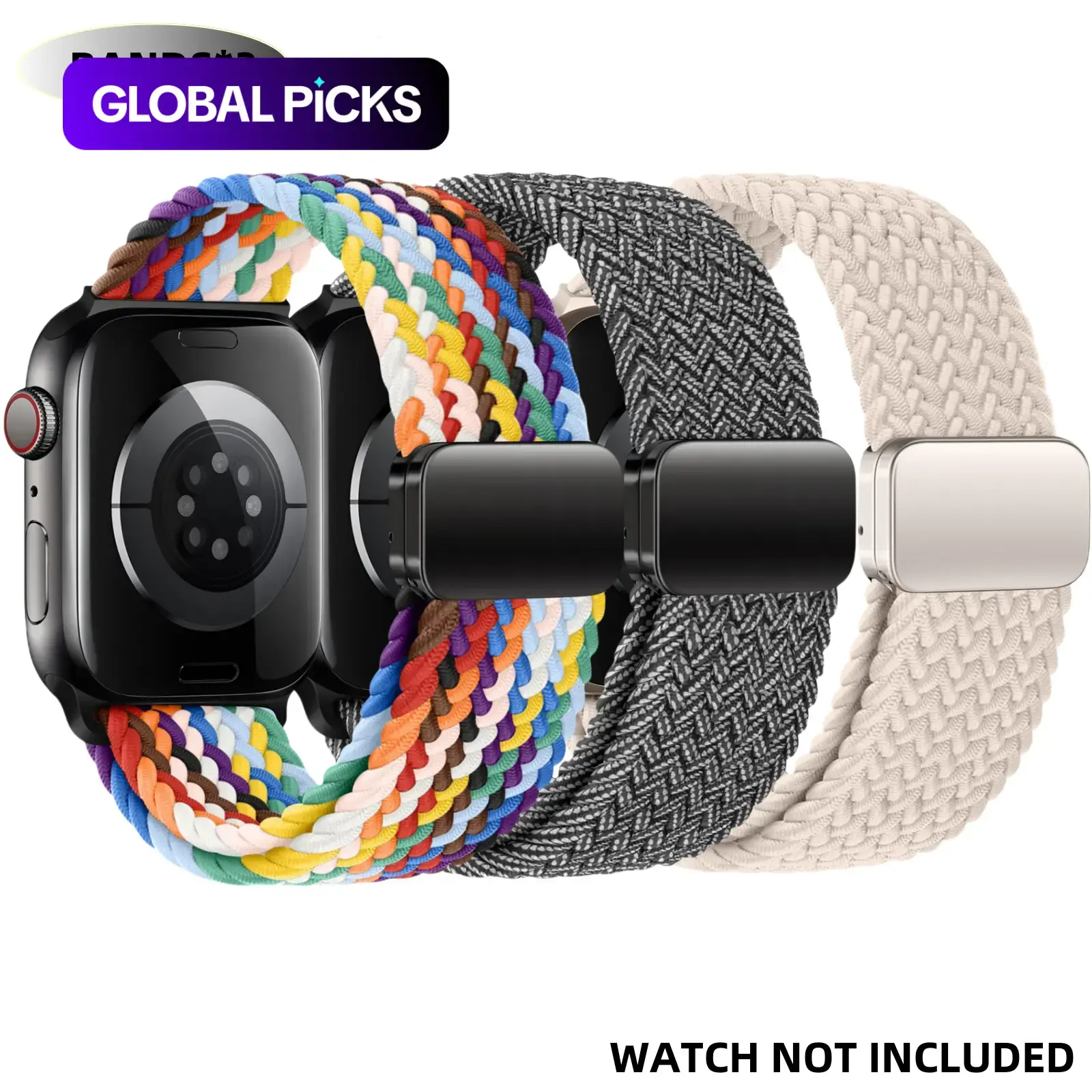 Magnetic Braided Solo Loop Band, 3 Stretchy Nylon Elastic Sports Straps for Apple Watch SE/Ultra 1/2, Replacement Watch Bands for Apple Watch Series 10/9/8/7/6/5/4 (41/42/44/45/46/49 mm), Smartwatch & Wearable Tech Accessories #GLOBAL PICKS