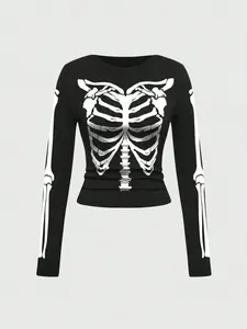 Women's Black Long Sleeve T-Shirt with Full Skeleton Bone Print and Gothic A N NIX Geometric Design, Slim Fit Streetwear Top for Halloween Parties and Rock Music Events