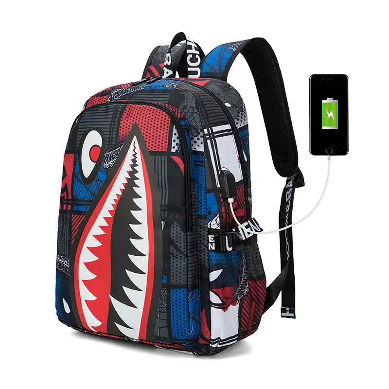 Shark Print Large Capacity Waterproof Backpack Multi-Pocket Design Adjustable Shoulder Straps Unisex Suitable School Travel Practical and Fashionable