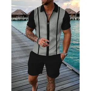 Hawaiian Tracksuit 2pcs Sets 3D Print Zipper Polo Shirt Short Sleeve Shirt And Shorts Casual Fashion Zip-Up Man 2PCS Clothing